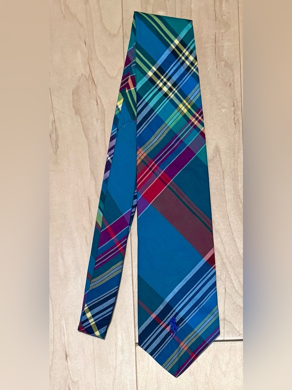 VTG Polo Ralph Lauren Madras Plaid Cotton Tie Blue Multicolor Colorful Pony USA